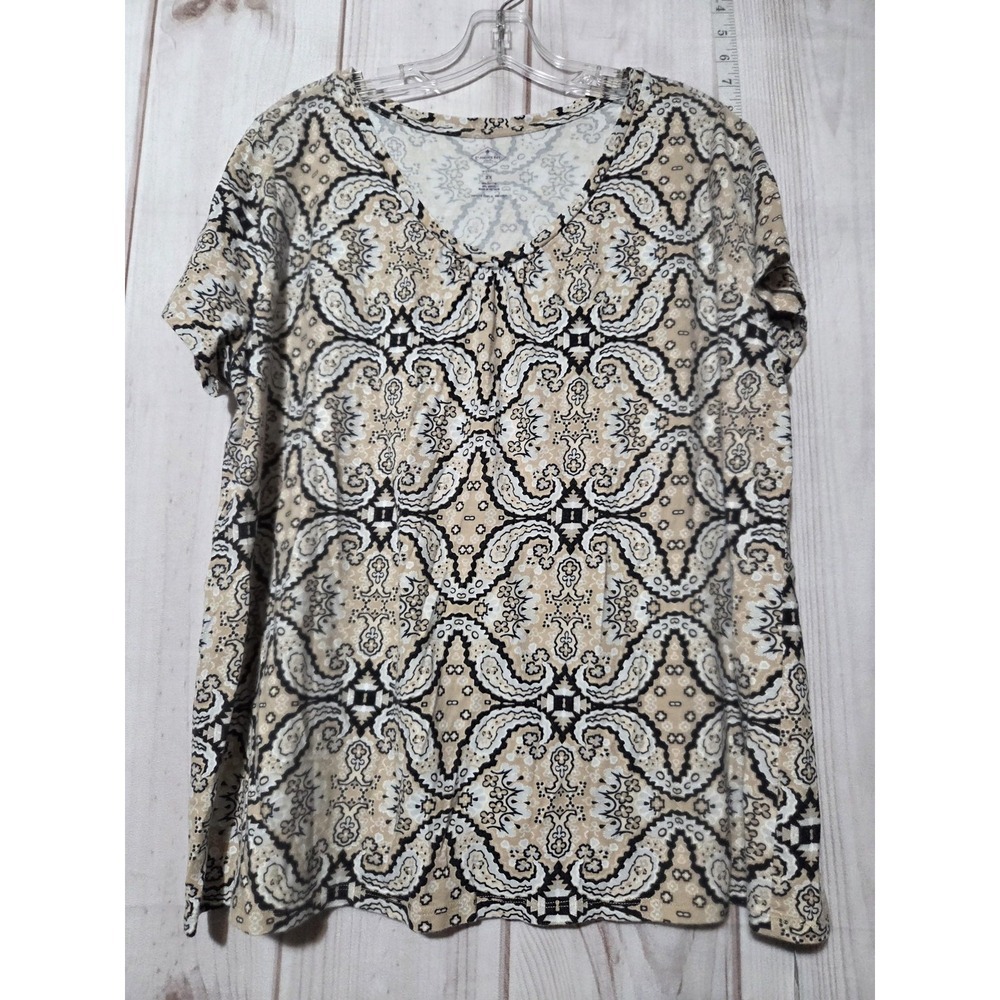 St. John's Bay Shirt Womens 2XL Beige Black Paisley V‎ Neck Short Sleeve Modal